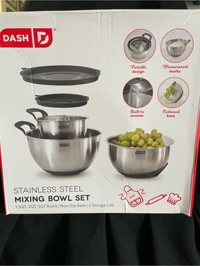 Ash Stainless Steel Mixing Bowl Set with Black Lids and Bases